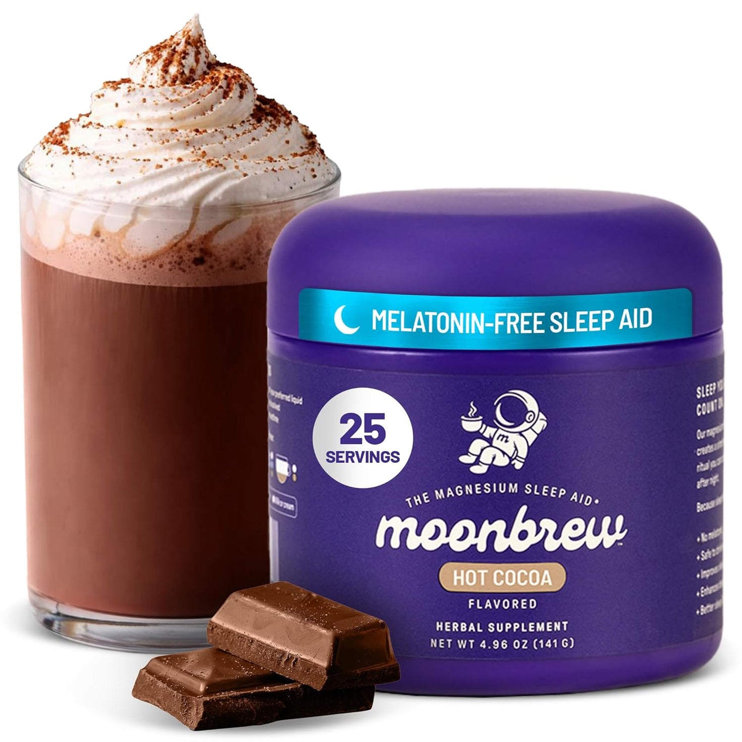 MoonBrew Nighttime Magnesium Hot Cocoa Jar, Natural Sleep Aid Drink Mix for Adults - Calming Melatonin-Free Sleep